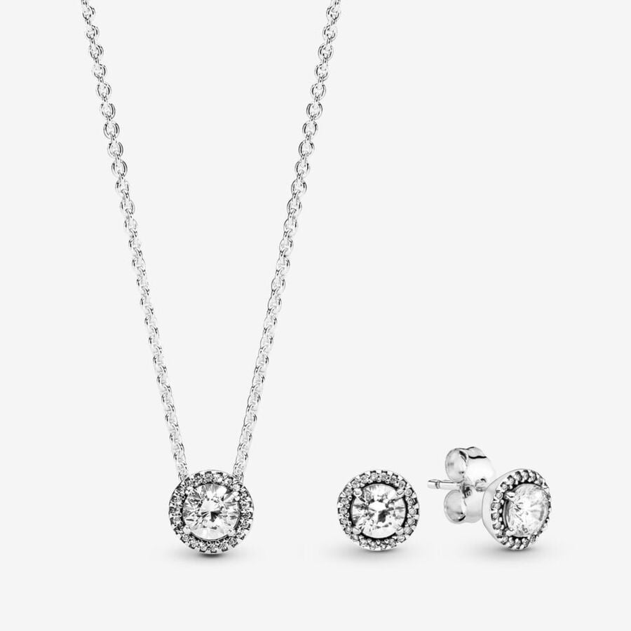 Round Sparkle Halo Necklace and Earrings Gift Set image number 0